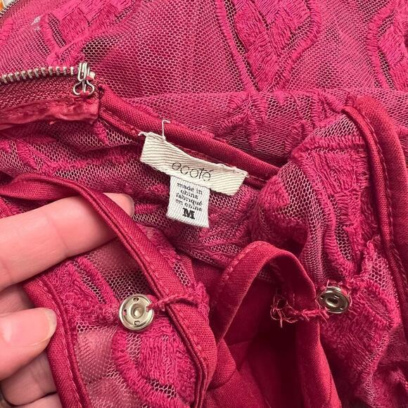 Ecote Red Mesh Lace Long Sleeve Mini Dress Womens sz M Soft Pink Burgundy Sexy - Picture 7 of 8